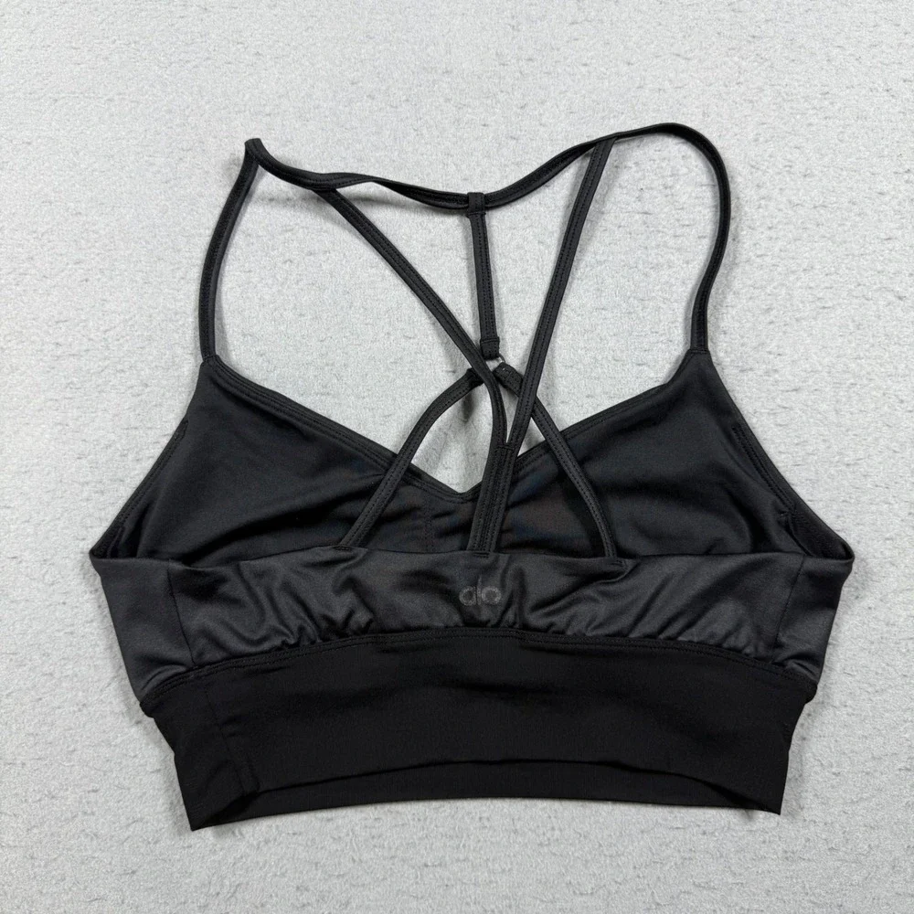 Alo Yoga Interlace Sports Bra Black Strappy Back V-Neck Athletic Crop Top